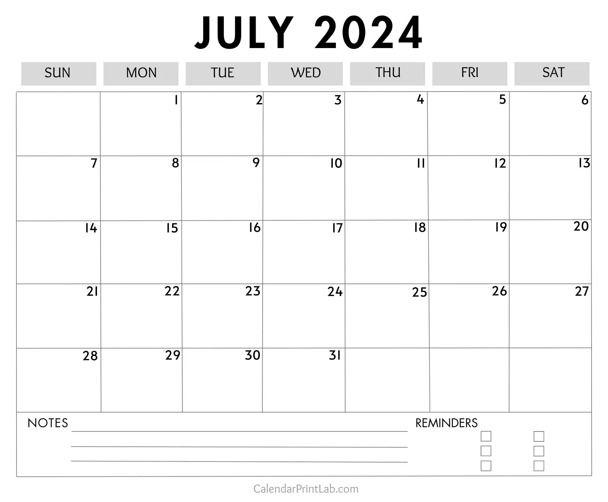 July 2024 Calendar with Notes