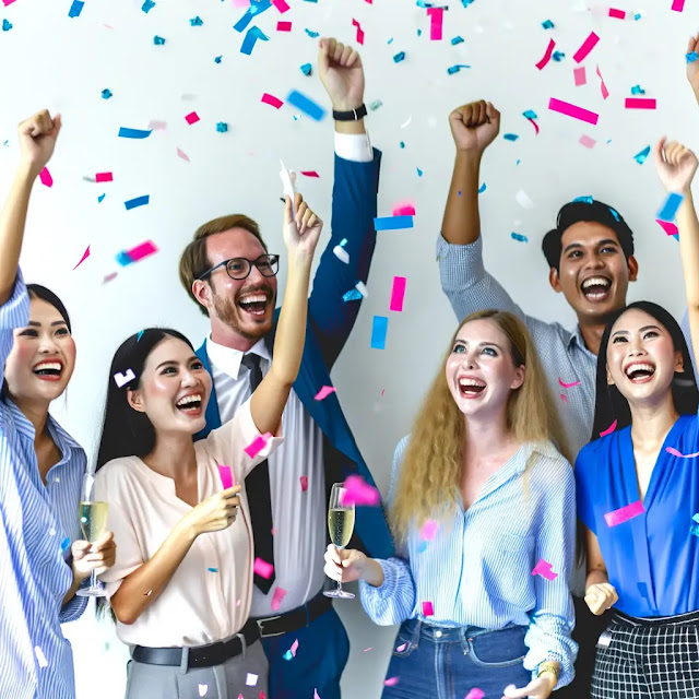 A group of people celebrating a major milestone together with confetti.