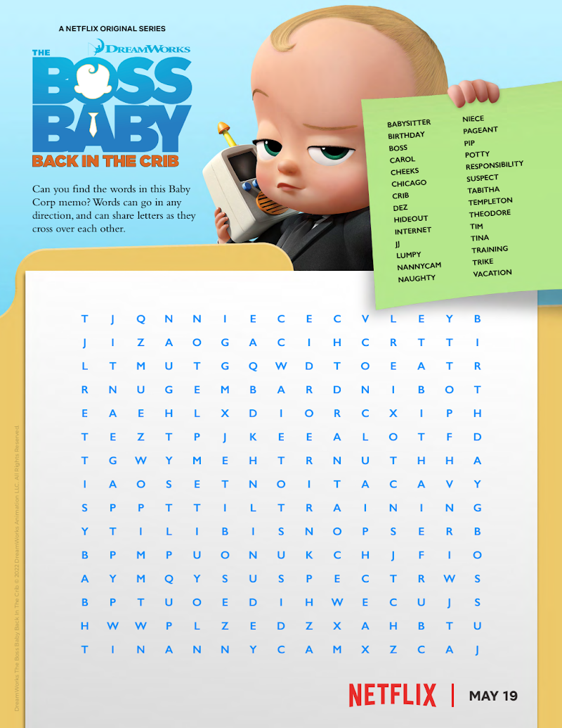 Boss Baby Printable Word Search Game