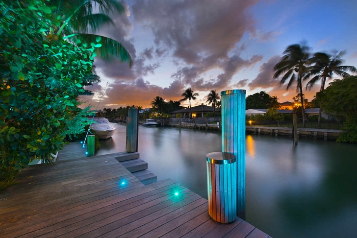 Dock in Modern mansion in Miami at night