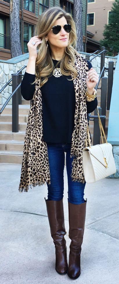 how to style an animal printed scarf : jeans + high boots + bag + top