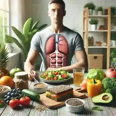 Persona disfrutando de una dieta balanceada con alimentos ricos en nutrientes como frutas, verduras, granos enteros y proteínas magras en una mesa moderna efectuando sus buenos hábitos saludables.