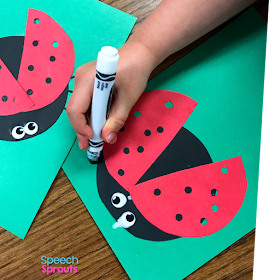 Draw legs with a marker to finish this adorable construction paper ladybug craft. Read the post for ladybug storybook and song ideas too! www.speechsproutstherapy.com