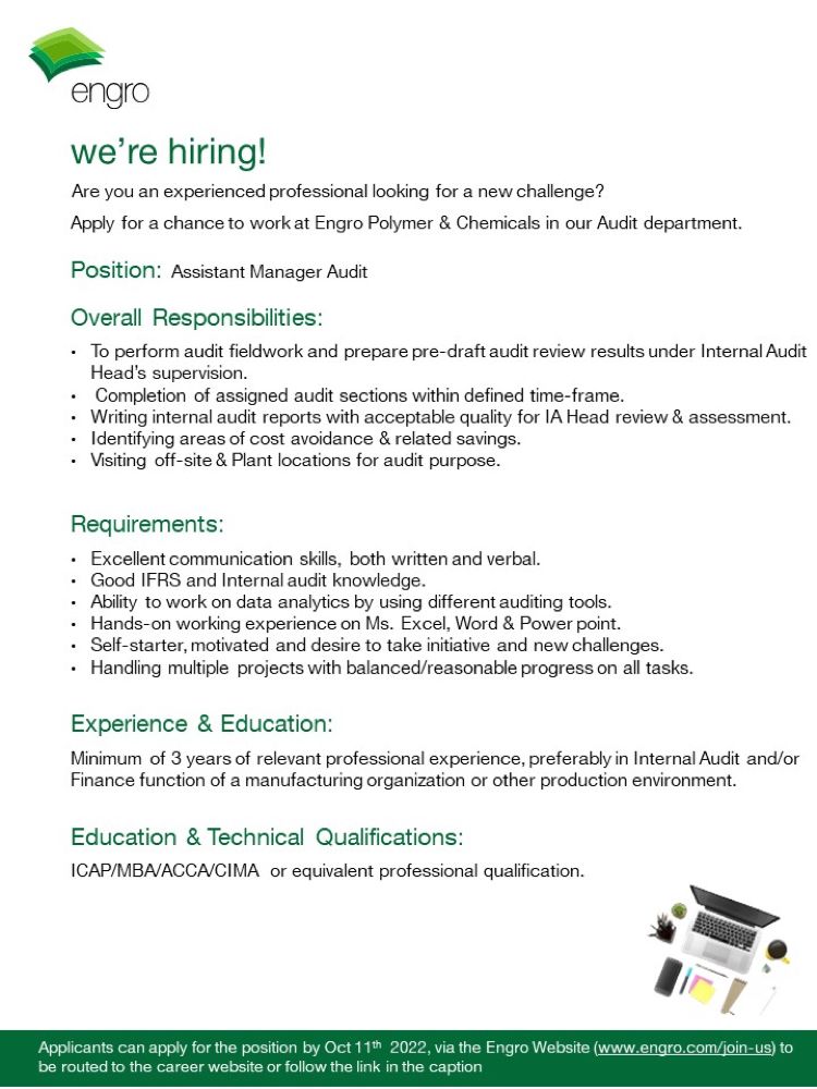 Engro Corporation Limited Jobs For Assistant Manager Audit