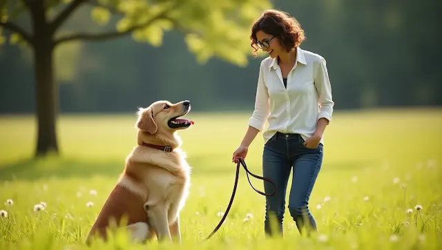 Owner teaching essential commands to their dog outdoors