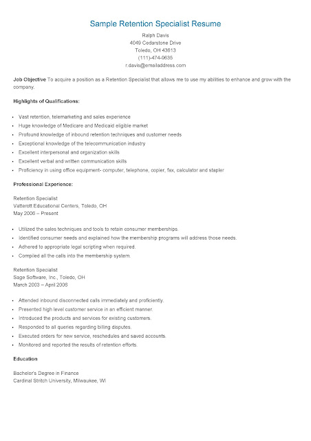 Sample Retention Specialist Resume