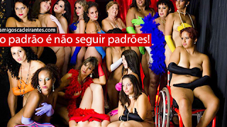 Descrição: A foto em fundo cortinado vermelho e preto retrata dezessete mulheres com bio tipo e idades variadas em poses sensuais: Atrás, nove em pé, à frente, seis agachadas, entre elas ao centro, uma deitada no chão em sentido contrário, aparente do pescoço para baixo com destaque para as pernas cruzadas ao alto, onde uma das mulheres apoia-se com o braço esquerdo coberto por luva vermelha e a cabeça escorada sobre a mão. Todas estão seminuas; algumas usam maquiagem leve, outras, mais carregada; várias usam brincos, poucas, longos colares ou ambos; mãos cobertas por luvas coloridas compridas acima dos cotovelos cobrem as partes íntimas e, algumas mulheres, cobrem-se com plumas também coloridas. À direita, uma mulher jovem sentada em uma cadeira de rodas com as pernas levemente abertas, pousa o braço esquerdo sobre as coxas e o outro cobre os fartos seios. Acima, sobreposto à foto lê-se: amigoscadeirantes.com; e abaixo: o padrão é não seguir padrões!