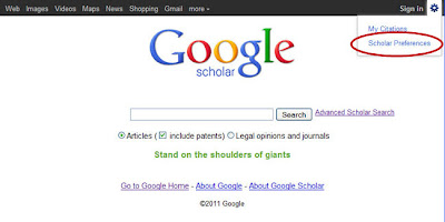 Screen capture: Google Scholar, accessing gear icon menu