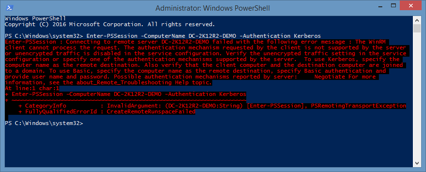 Screenshot showing error The WinRM client cannot process the request. The authentication mechanism requested by the client is not supported by the server or unencrypted traffic is disabled in the service configuration.
