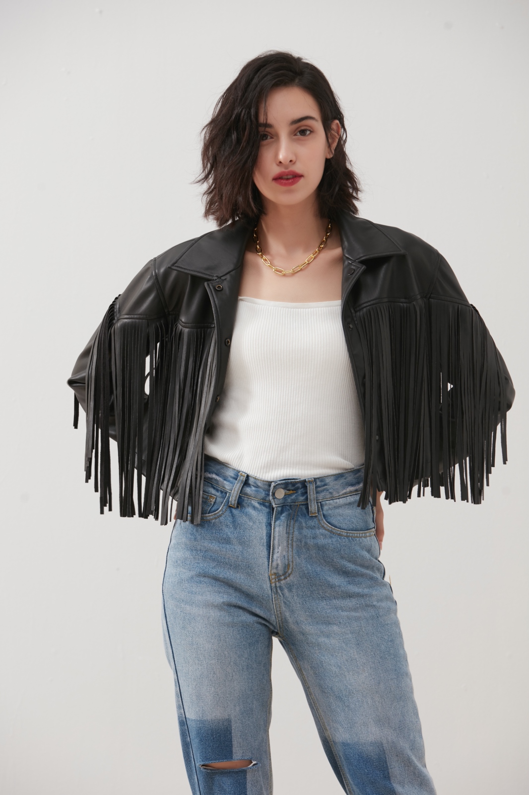 New Tassel Stitching Pu Leather Jackets Coats Women Short Was Thin Leather Jacket Punk Rock Cropped Jackets With Belt F2086