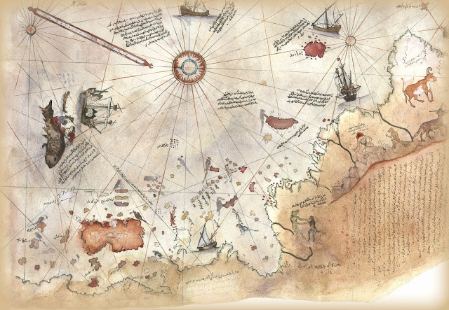 Mapa Piri Reis. Fragmento de un mapa elaborado por el almirante y cartógrafo otomano Piri Reis en 1513. Su nivel de detalle y precisión es impresionante y desconcierta a los científicos.