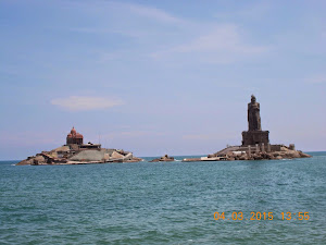 View of "Swami Vivekananad Rock Memorial" and "Thiruvalluvar Statue" from the coast.