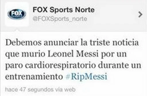 A screenshot of FOX Sports mistakenly announcing the death of Lionel Messi on Twitter