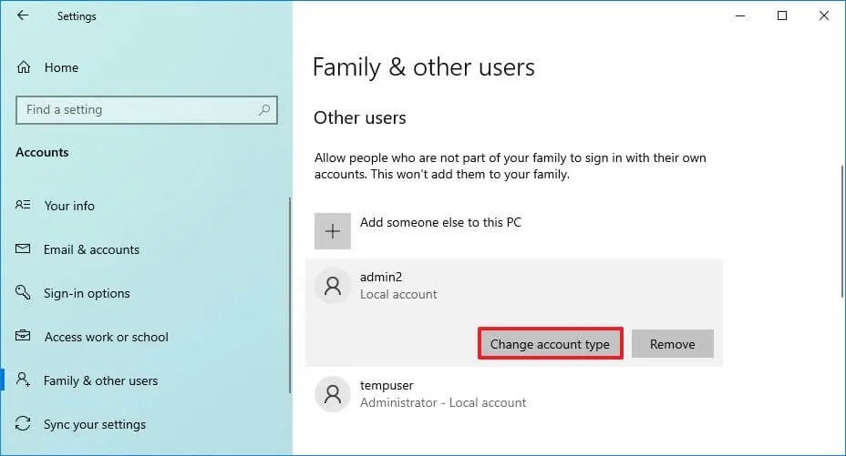 windows 10 local account change type