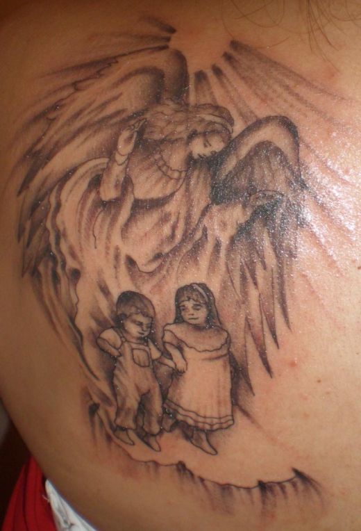 Guardian angel with two young children tattoo.