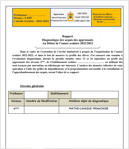 Rapport de l'évaluation diagnostique 6èmé AEP 2022-2023