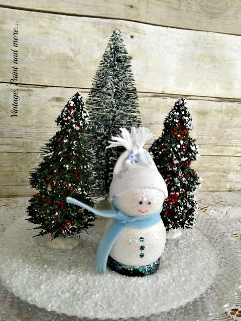 Vintage, Paint and more... DIY wooden snowman in a snow scene of bottle brush trees and "faux" snow