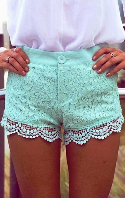 Mint Paisley Lace Overlay Shorts with Crochet Trim