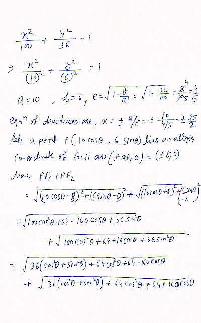 Find the eccentricity and equation of directrices of ellipse x²/100+y²/36=1, show that the sum of the focal distance of any point on this ellipse is constant