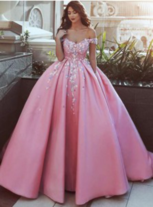 Ball Gown Off-the-Shoulder Pink Satin Prom Dress with Appliques