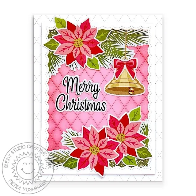 Sunny Studio Christmas Card using Bells & Baubles, Pretty Poinsettia, Dotted Diamond Portrait Die & Fancy Frames Rectangle Dies