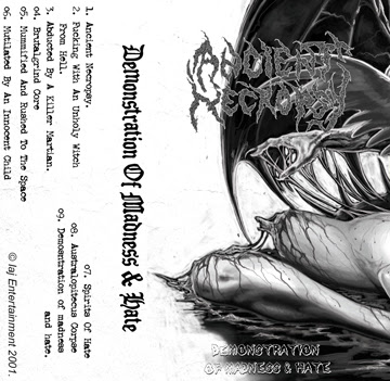 Artist: Ancient-Necropsy, Album: Demonstration of madness and hate demo, cover art work, legs, wings, blood, black and white cover