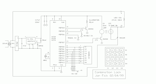 Combination Lock (PIC16F84)  Circuit Diagram