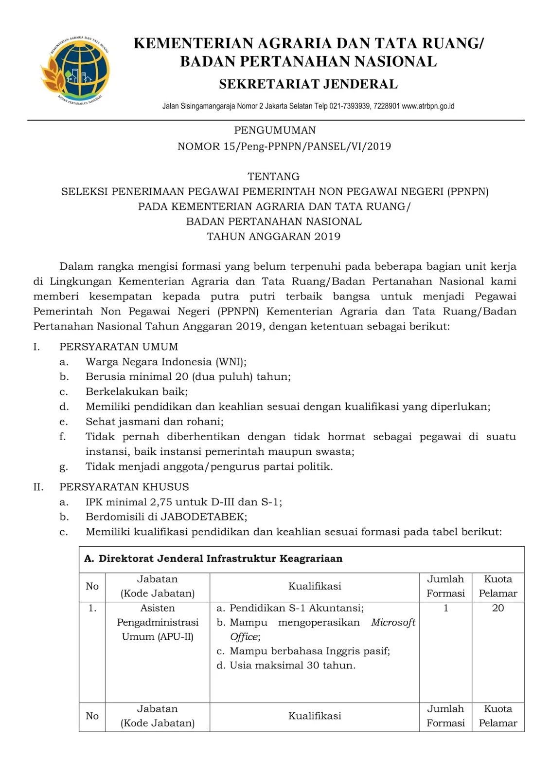 Rekrutmen Non Pegawai PPNPN Kementerian Agraria dan Tata Ruang Minimal SMA D3 S1 Tahun Anggaran 2019
