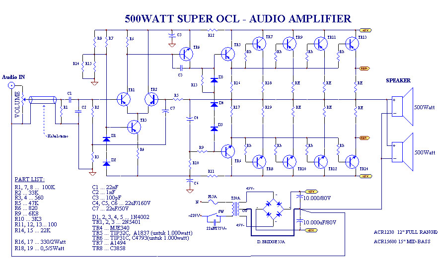 Power Amplifier OCL 500Watt RMS - Electronic Circuit