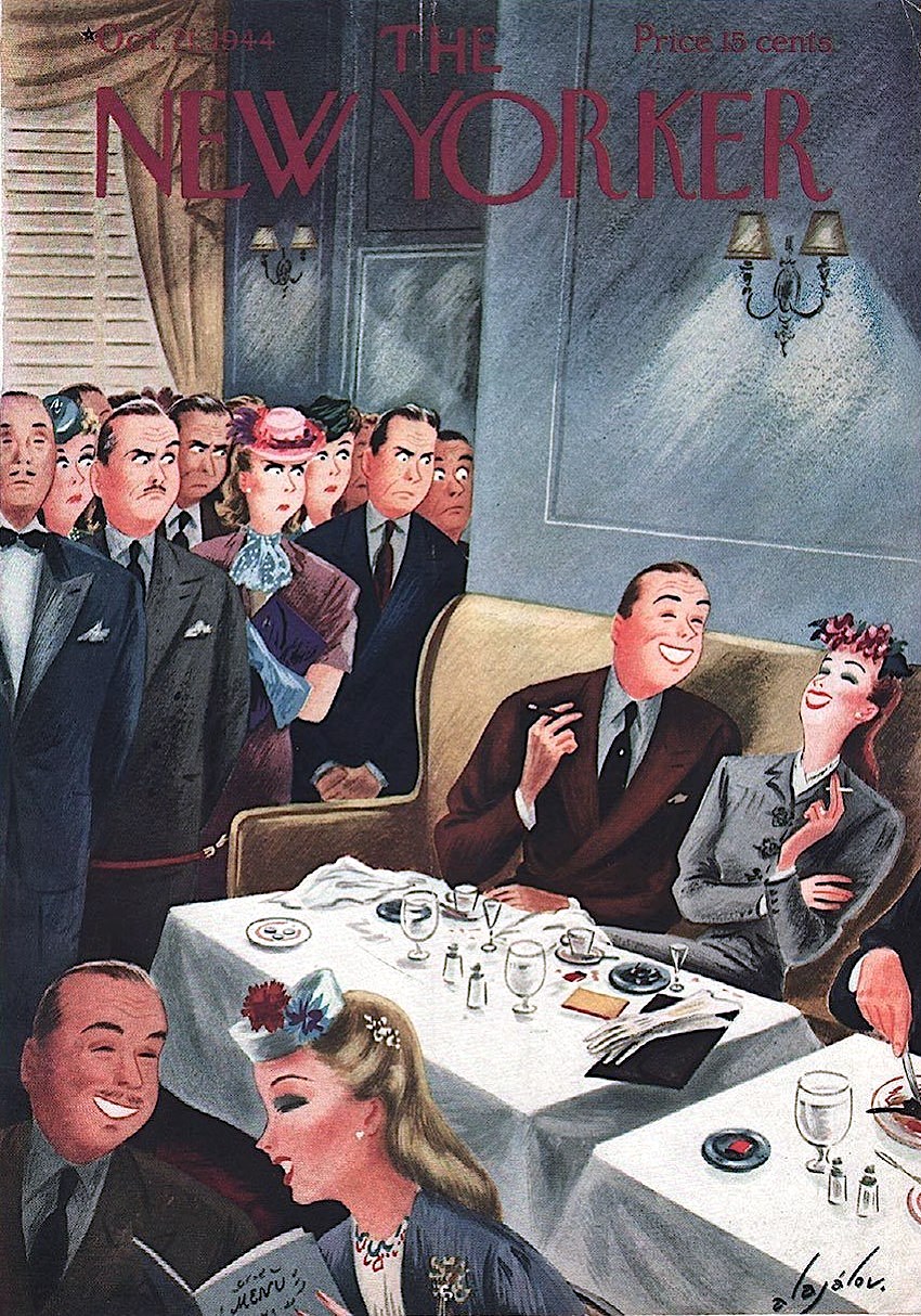 a Constantin Alajalov illustration for The New Yorker Magazine October 1944, lingering diners irritate others waiting to be seated at a table