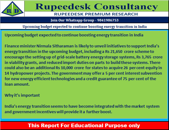 Upcoming budget expected to continue boosting energy transition in India - Rupeedesk Reports - 21.12.2022