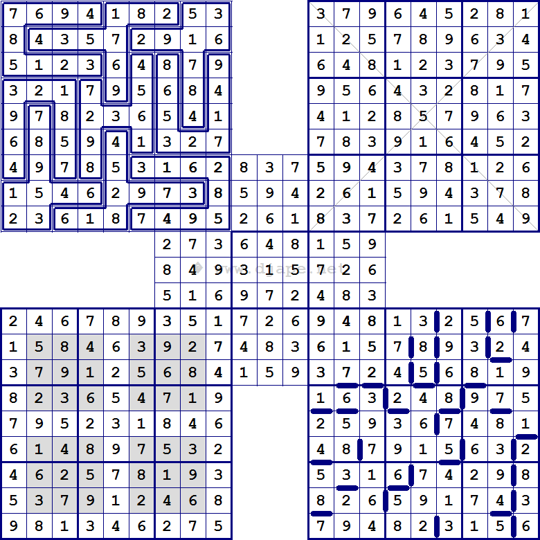 Sudoku.cba.si website offers free service of generating pdf files with sudokus, that you can print. Multi Sudoku