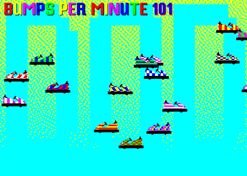 A screenshot from the online version of Bumps per Minute. Small 8-bit animated bumper cars are placed against a background of cyan and yellow, and at the top are the words BUMPS PER MINUTE 101 in pixelated copy.