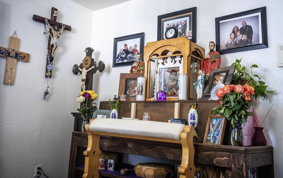 An altar dedicated to San Lorenzo, or Saint Lawrence, is displayed in the home of Barbara Finley, in Bernalillo, New Mexico.