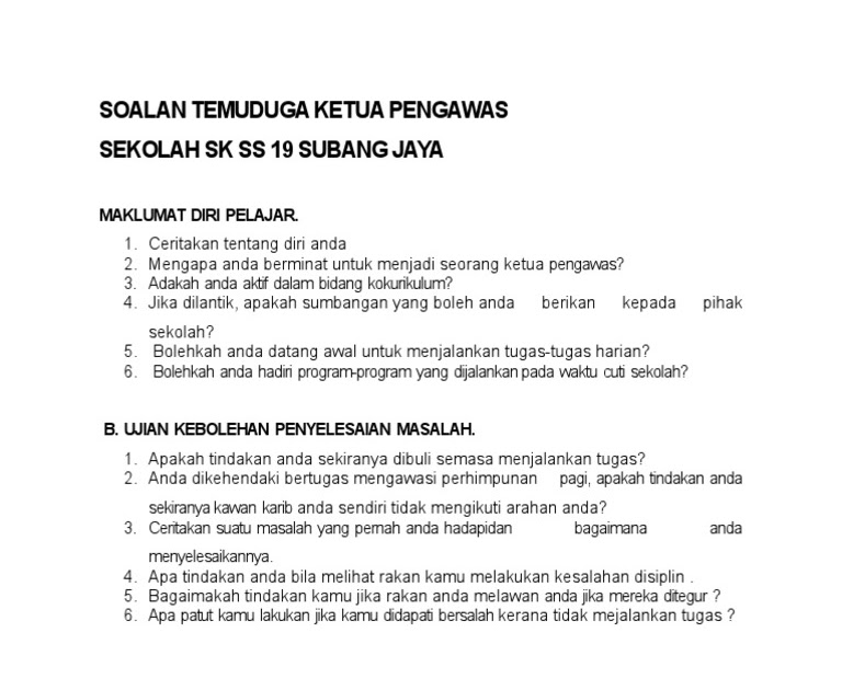 Contoh Soalan Temuduga Tingkatan 1 - Tersoal n