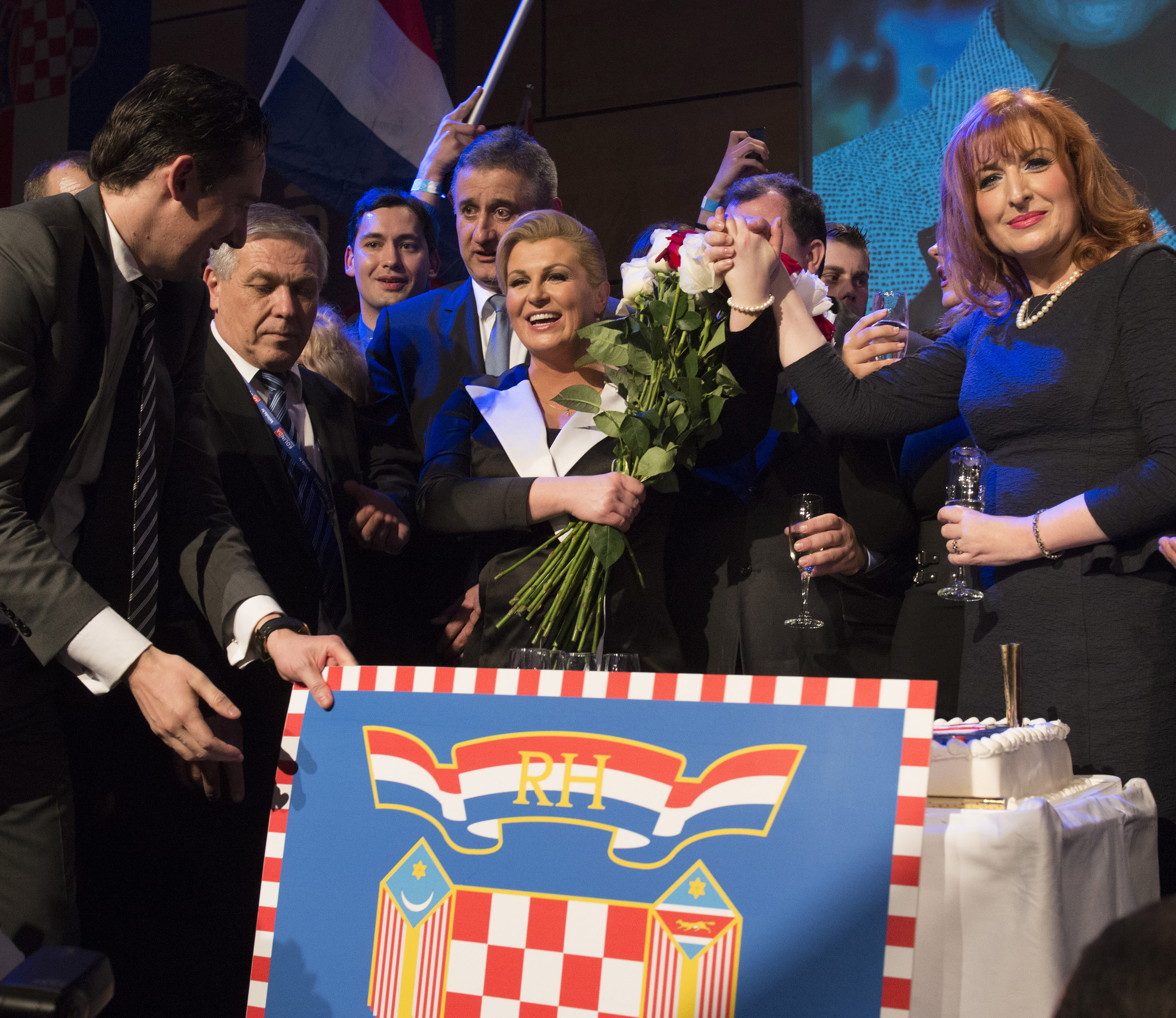 11 January 2015 Victory Night Centre: Kolinda Grabar-Kitarovic, President elect of Croatia Right: Jadranka Juresko-Kero, Election Campaign Leader Standing behind Grabar-Kitarovic to left: Tomislav Karamarko, President of Croatian Democratic Union/HDZ 