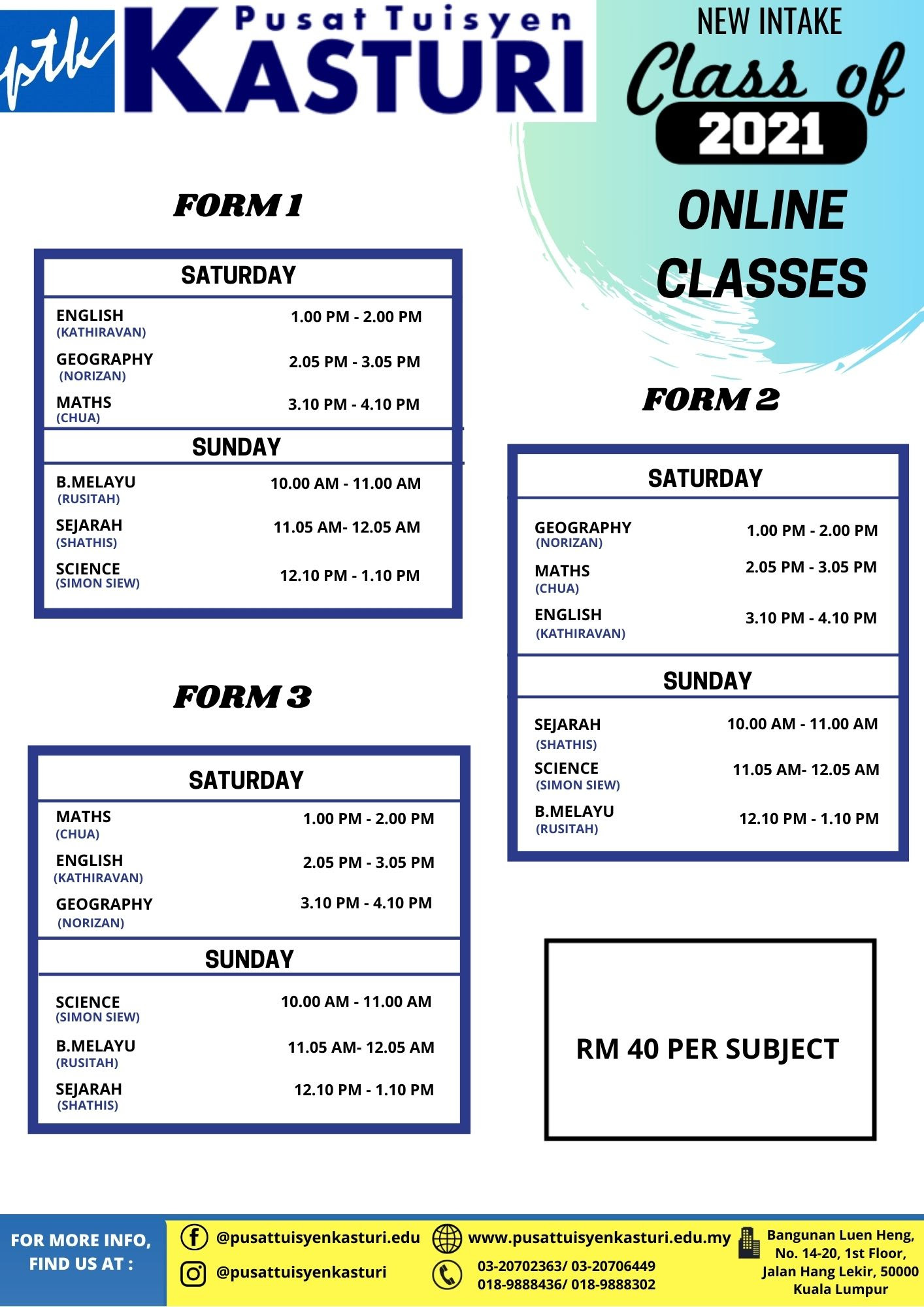 Ada tak kelas tuisyen bahasa arab untuk menengah atas? Online Class Timetable Pusat Tuisyen Kasturi
