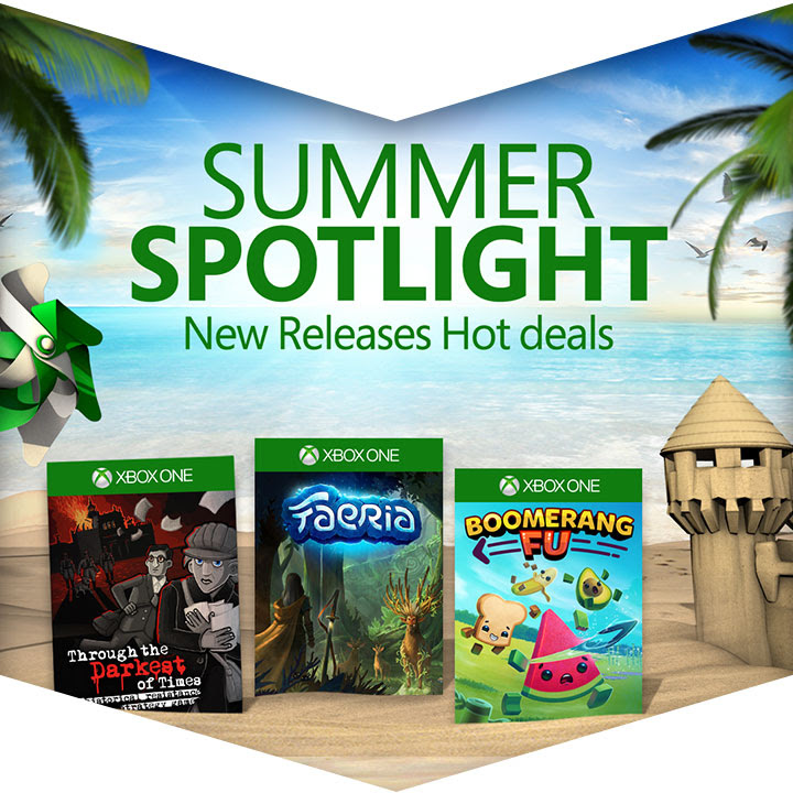 A tropical beach scene featuring cover art for Through the Darkest of Times, Faeria, and Boomerang Fu