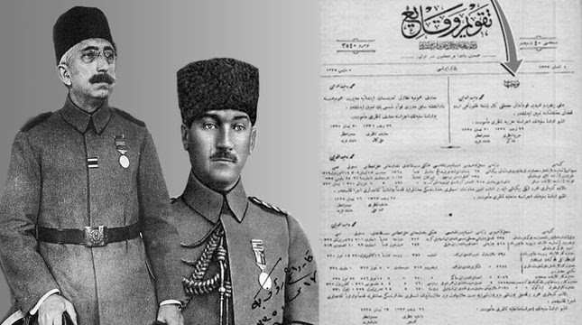 The Sultans (left) order assigning Mustafa Kemal Pasha (right) to start the war of independence in Samsun, published on the official gazette