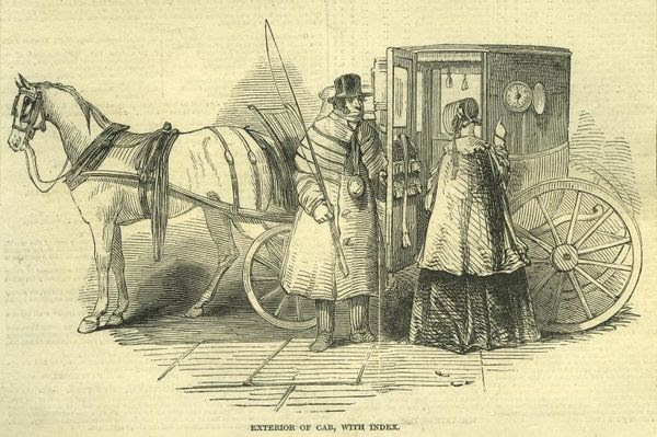 Engraved print of horse and carriage, Victorian cabbie and female passenger