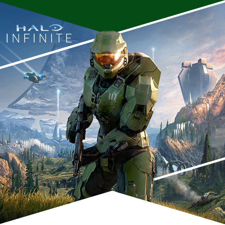 Key art for Halo Infinite featuring the Master Chief standing on a Halo installation