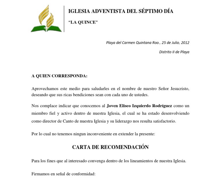 Carta De Recomendacion Iglesia Cristiana - Sample Web d