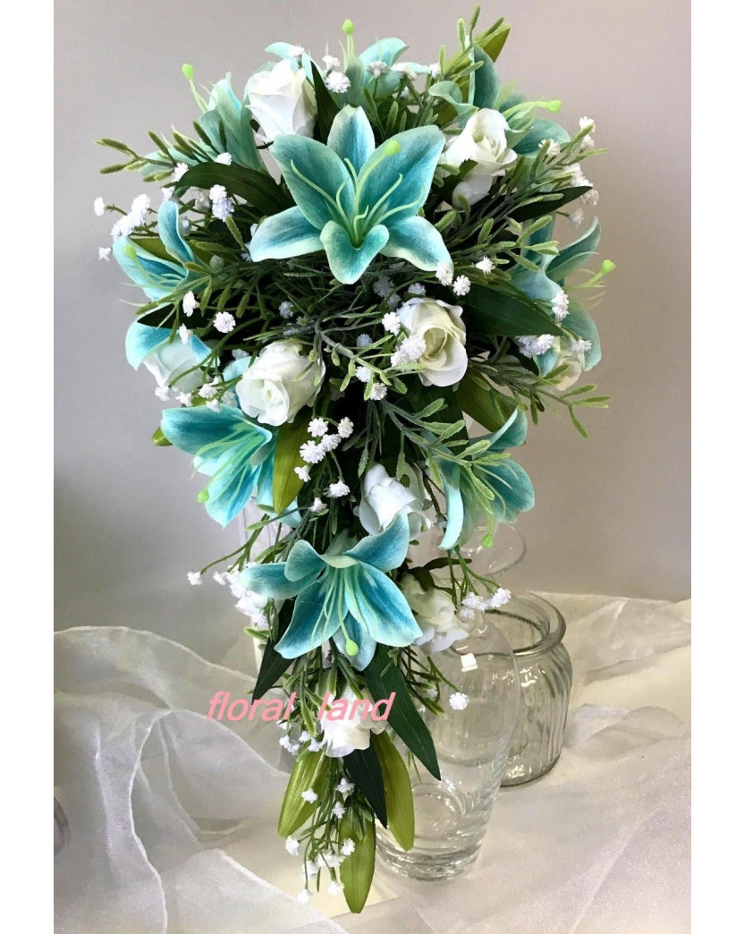 Blue and white rose and lily wedding bouquets. Silk Wedding Bouquets Teal Blue Lily White Roses Flowers Bouquet Fake Teardrop Artificial Trees Plants Artificial Flowers Latex Real Touch Wedding Bouquets Flowers Melbourne Blue Singapore Orchids Roses Lily Silk