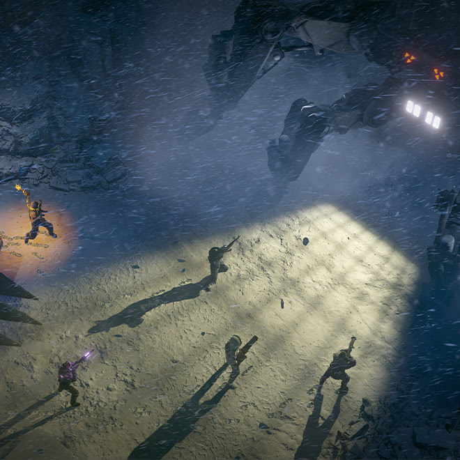 With weapons in hand, a team of characters faces down a large multi-legged robot shining floodlights on them.