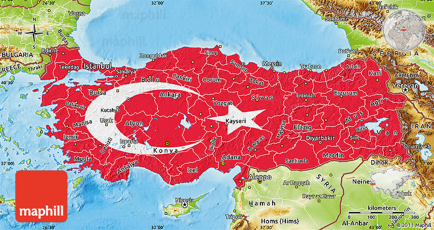 Turkey on a world wall map: Flag Map Of Turkey Physical Outside