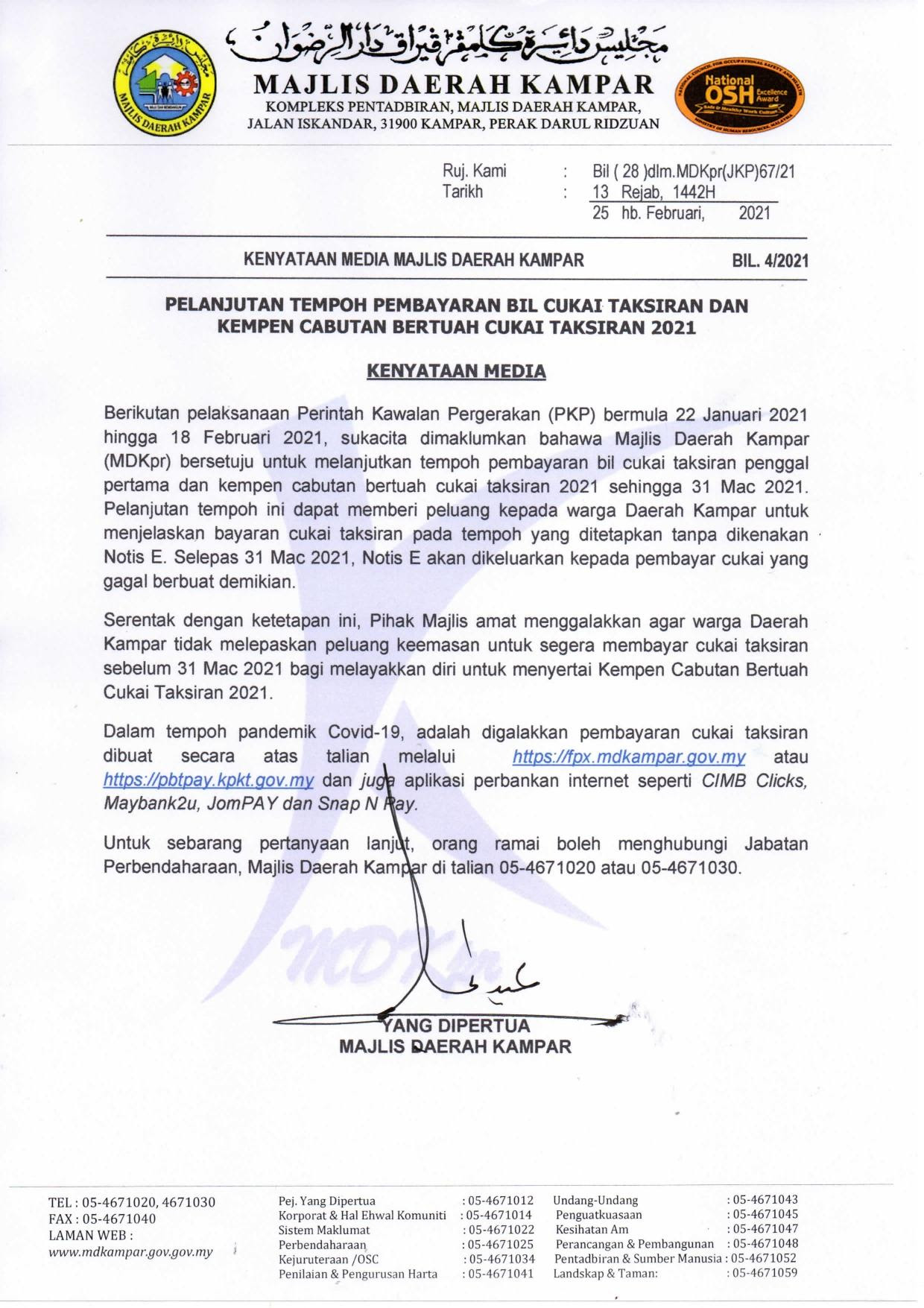 Cukai taksiran adalah cukai yang dikenakan kepada semua pegangan atau hartanah berkadar yang ada di kawasan pentadbiran majlis bandaraya kuasa untuk mengenakan cukai taksiran adalah selaras dengan peruntukan akta kerajaan tempatan 1976 (akta 171) dibawah seksyen 127 yang. Perlanjutan Tempoh Pembayaran Bil Cukai Taksiran Dan Kempen Cabutan Bertuah Cukai Taksiran 2021 Portal Rasmi Majlis Daerah Kampar Mdkpr