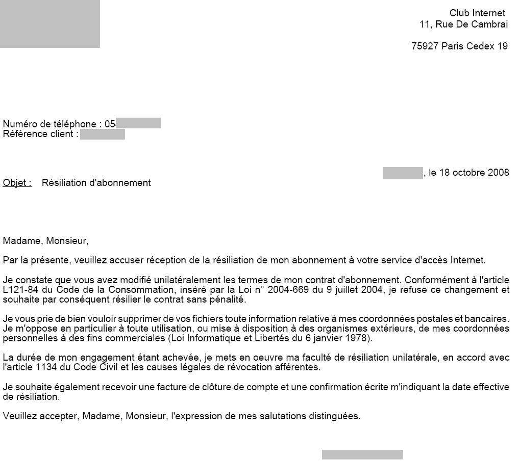 lettre résiliation abonnement freebox