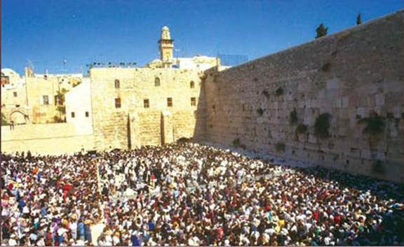 Praying at the Western Wall, 1995. After the Mughrabi Quarter was evacuated, the narrow Western Wall alley was widened into a large plaza that accommodated tens of thousands of Jewish worshippers. (Moshe Milner, Government Press Office)