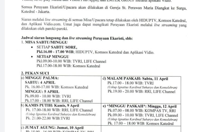 Jadwal Misa Tvri 2021 - Jadwal Live Streaming Misa Pekan Suci 2020 Keuskupan Agung Semarang ...