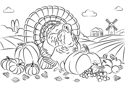 The crafts pages show kids how to make paper cup pilgrims and turkeys, handprint turkeys, a harvest basket, a salt dough apple wreath, and a thanksgiving tree. Thanksgiving Turkey With Harvest Coloring Page Free Printable Coloring Pages